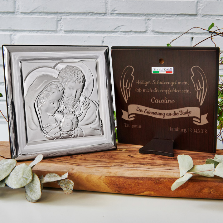 Heiliger Schutzengel 2 - Hl. Familie - Quadrat - Silbernes Bild mit Gravur